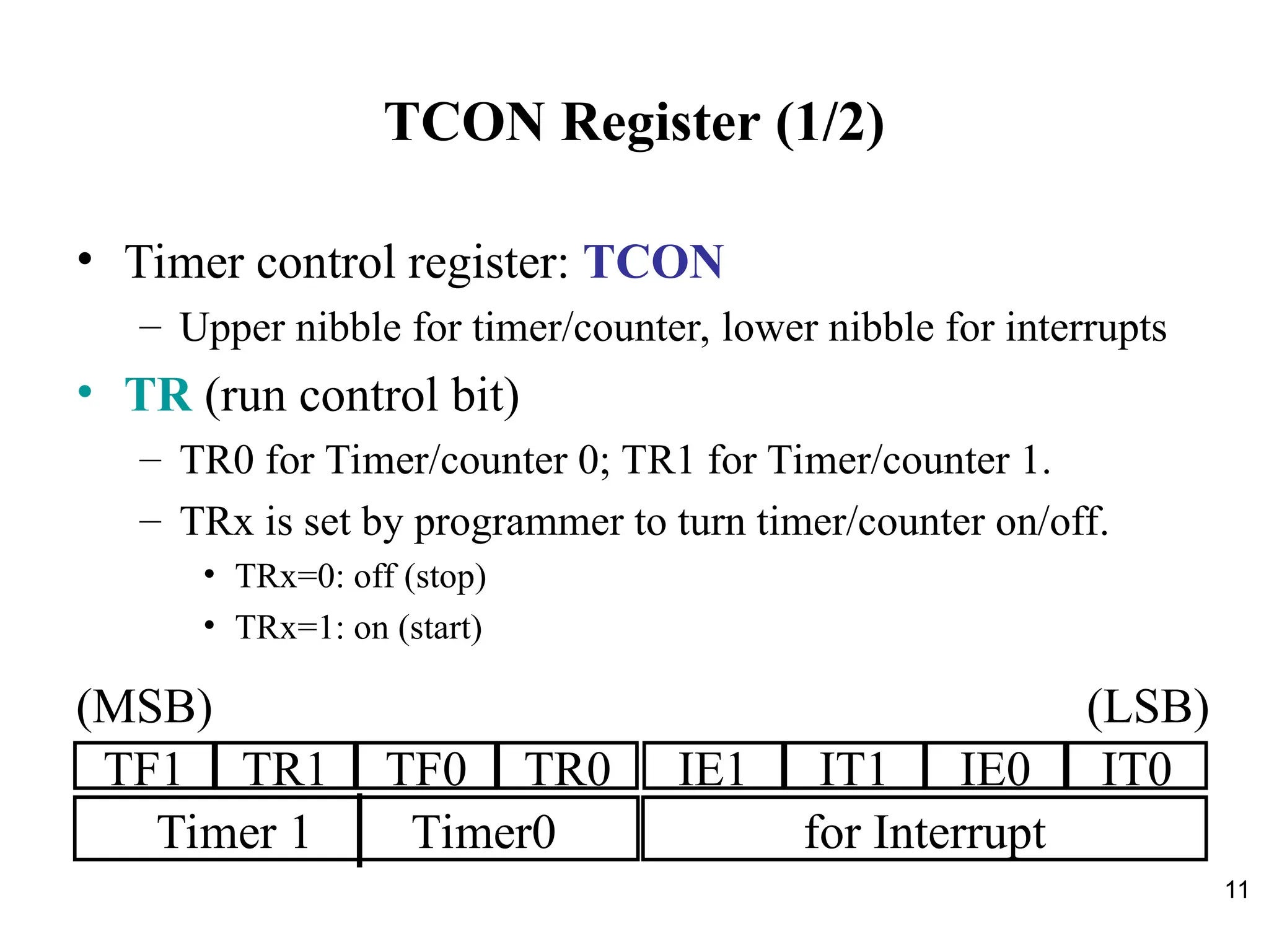 11
TCON Register (1/2)
• Timer control register: TCON
– Upper nibble for timer/counter, lower nibble for interrupts
• TR (run control bit)
– TR0 for Timer/counter 0; TR1 for Timer/counter 1.
– TRx is set by programmer to turn timer/counter on/off.
• TRx=0: off (stop)
• TRx=1: on (start)
TF1 TR1 TF0 TR0 IE1 IT1 IE0 IT0
Timer 1 Timer0 for Interrupt
(MSB) (LSB)
 