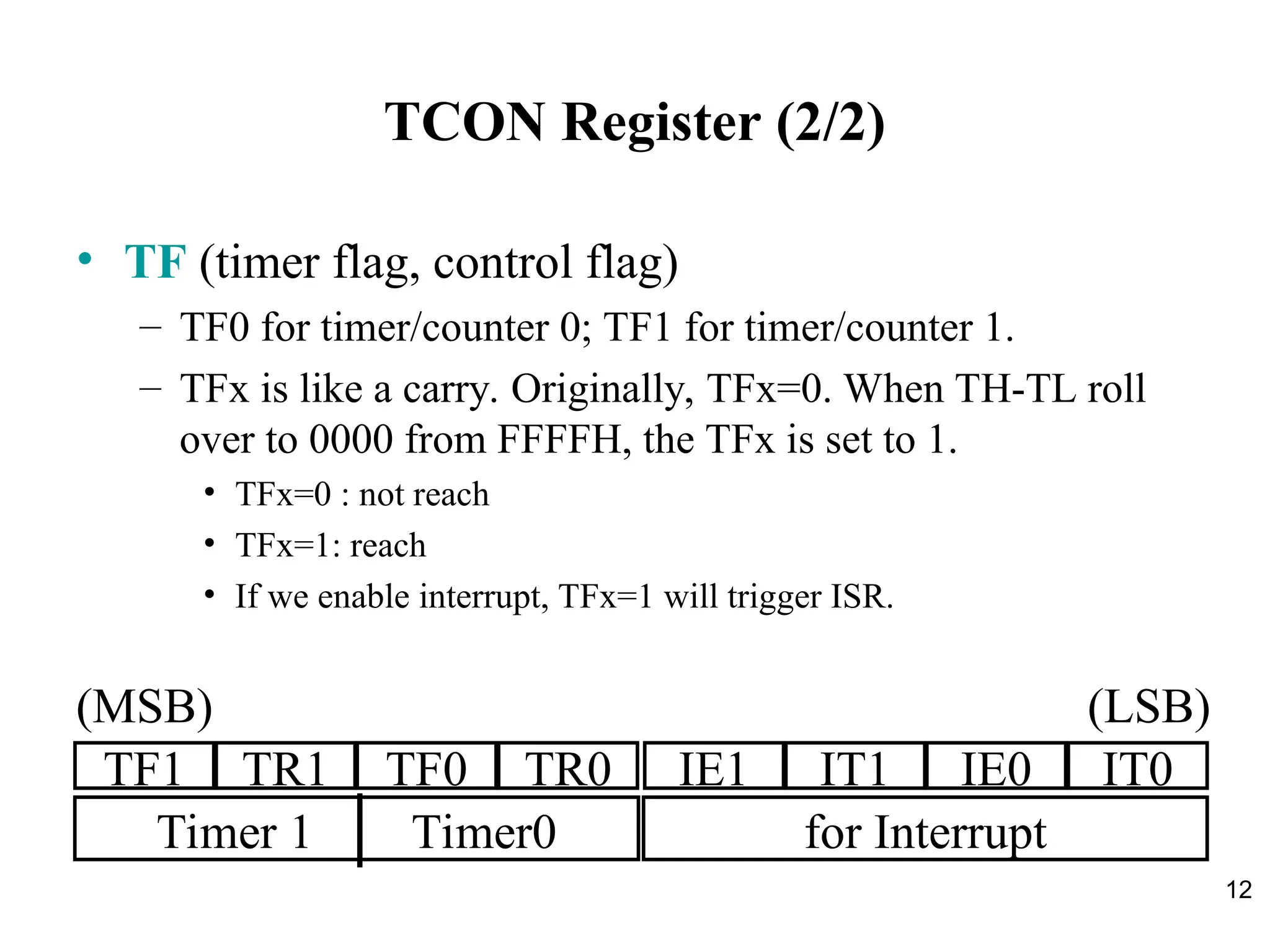 12
TCON Register (2/2)
• TF (timer flag, control flag)
– TF0 for timer/counter 0; TF1 for timer/counter 1.
– TFx is like a carry. Originally, TFx=0. When TH-TL roll
over to 0000 from FFFFH, the TFx is set to 1.
• TFx=0 : not reach
• TFx=1: reach
• If we enable interrupt, TFx=1 will trigger ISR.
TF1 TR1 TF0 TR0 IE1 IT1 IE0 IT0
Timer 1 Timer0 for Interrupt
(MSB) (LSB)
 