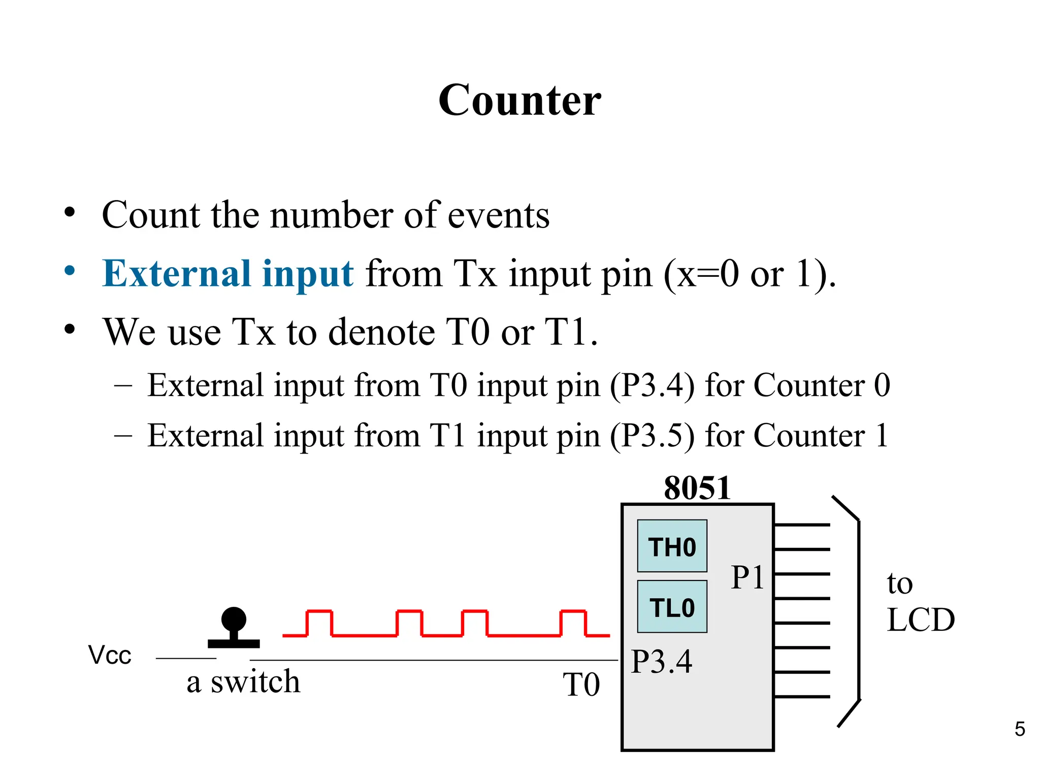 5
Counter
• Count the number of events
• External input from Tx input pin (x=0 or 1).
• We use Tx to denote T0 or T1.
– External input from T0 input pin (P3.4) for Counter 0
– External input from T1 input pin (P3.5) for Counter 1
T0
to
LCD
P3.4
P1
8051
a switch
TL0
TH0
Vcc
 