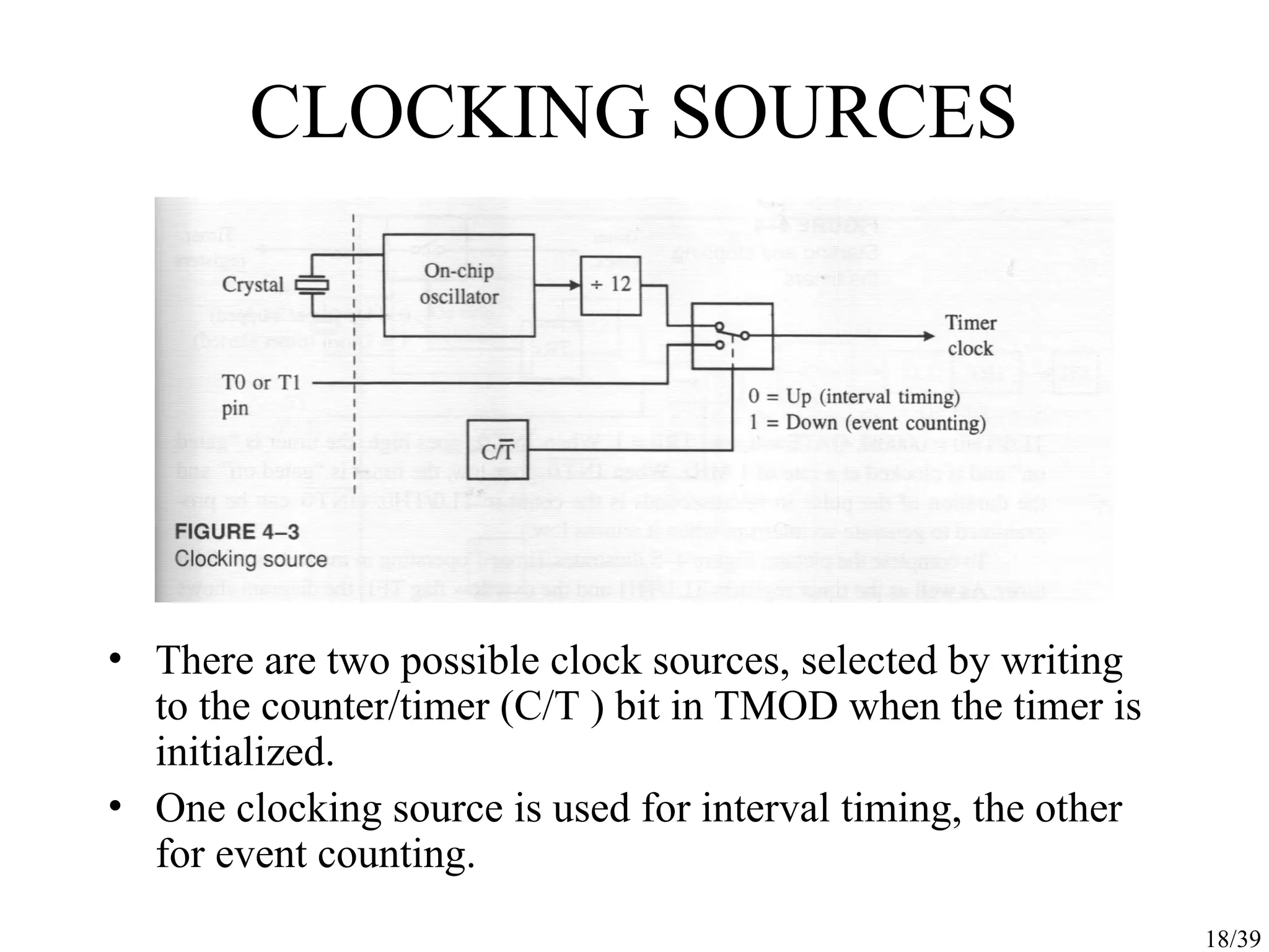 18/39 CLOCKING SOURCES • There are two possible clock sources, selected by writing to the counter/timer (C/T ) bit in TMOD when the timer is initialized. • One clocking source is used for interval timing, the other for event counting. 