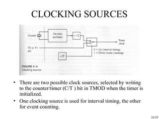 18/39
CLOCKING SOURCES
• There are two possible clock sources, selected by writing
to the counter/timer (C/T ) bit in TMOD when the timer is
initialized.
• One clocking source is used for interval timing, the other
for event counting.
 