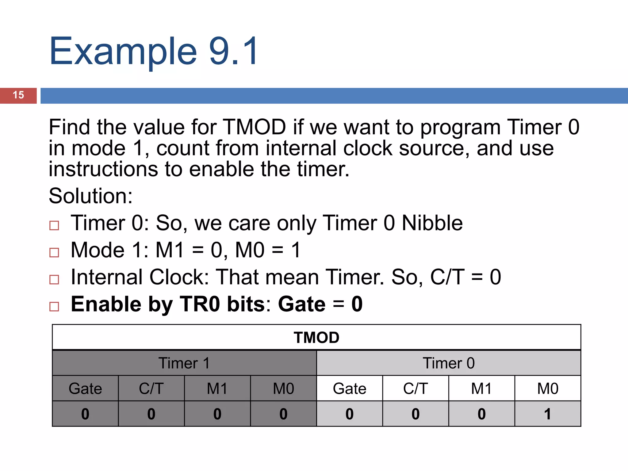 Example 9.1 15 TMOD Timer 1 Timer 0 Gate C/T M1 M0 Gate C/T M1 M0 0 0 0 0 0 0 0 1 Find the value for TMOD if we want to program Timer 0 in mode 1, count from internal clock source, and use instructions to enable the timer. Solution:  Timer 0: So, we care only Timer 0 Nibble  Mode 1: M1 = 0, M0 = 1  Internal Clock: That mean Timer. So, C/T = 0  Enable by TR0 bits: Gate = 0 
