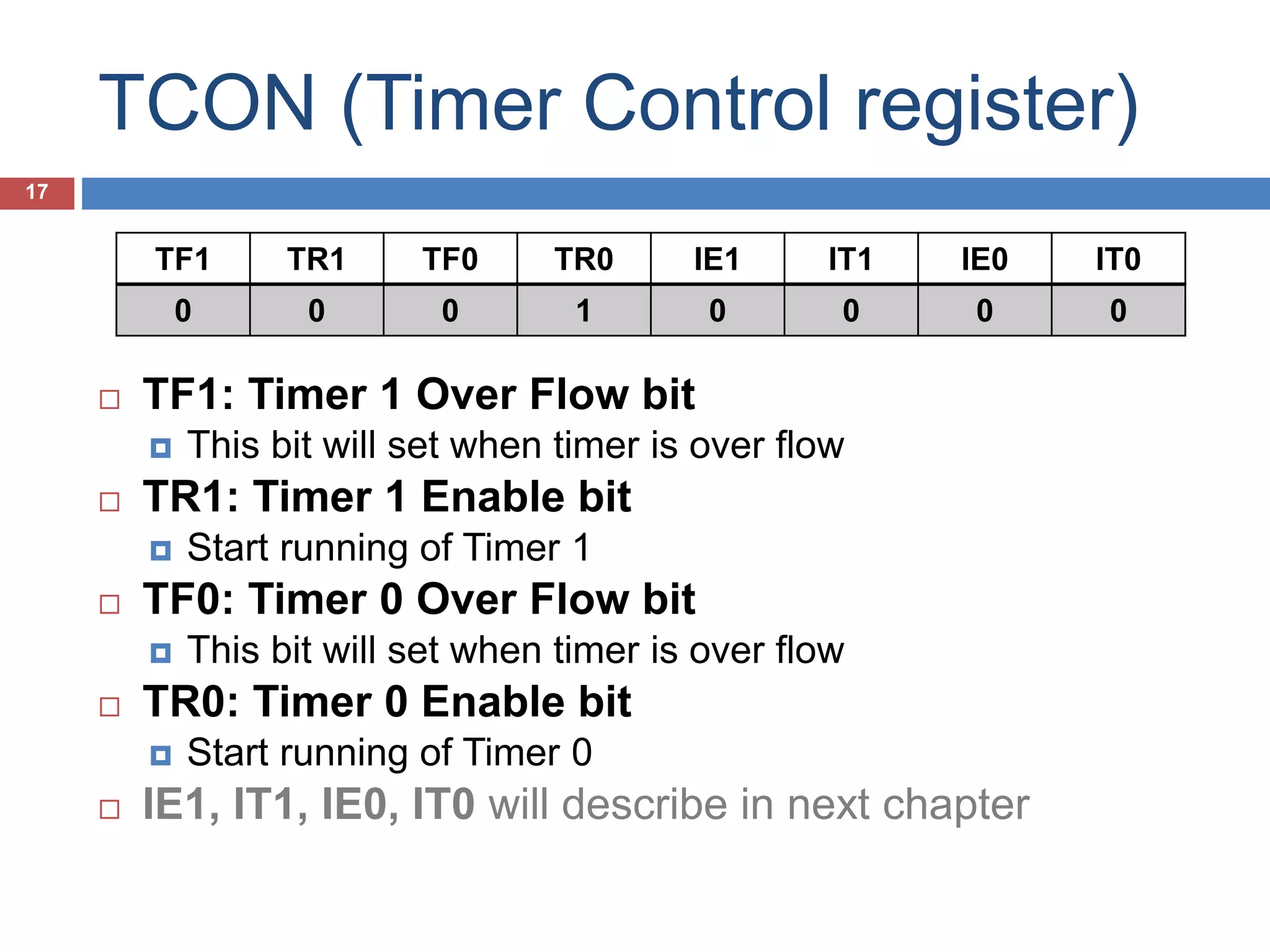 TCON (Timer Control register) 17  TF1: Timer 1 Over Flow bit  This bit will set when timer is over flow  TR1: Timer 1 Enable bit  Start running of Timer 1  TF0: Timer 0 Over Flow bit  This bit will set when timer is over flow  TR0: Timer 0 Enable bit  Start running of Timer 0  IE1, IT1, IE0, IT0 will describe in next chapter TF1 TR1 TF0 TR0 IE1 IT1 IE0 IT0 0 0 0 1 0 0 0 0 