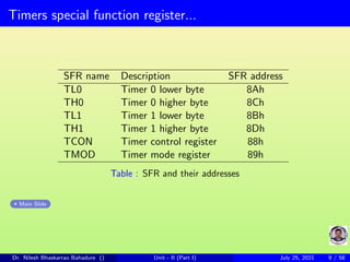 Timers special function register...
SFR name Description SFR address
TL0 Timer 0 lower byte 8Ah
TH0 Timer 0 higher byte 8Ch
TL1 Timer 1 lower byte 8Bh
TH1 Timer 1 higher byte 8Dh
TCON Timer control register 88h
TMOD Timer mode register 89h
Table : SFR and their addresses
Main Slide
Dr. Nilesh Bhaskarrao Bahadure () Unit - II (Part I) July 25, 2021 9 / 58
 