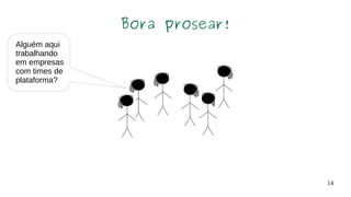 14
Bora prosear!
Alguém aqui
trabalhando
em empresas
com times de
plataforma?
 