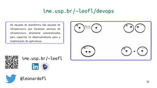 30
ime.usp.br/~leofl/devops
As equipes de plataforma são equipes de
infraestrutura que fornecem serviços de
infraestrutura altamente automatizados
para capacitar os desenvolvedores para a
implantação de aplicativos.
ime.usp.br/~leofl
@leonardofl
 