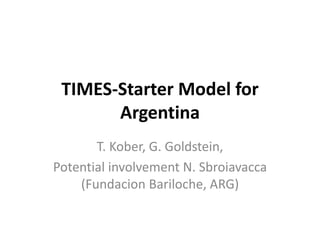 TIMES-Starter Model for
Argentina
T. Kober, G. Goldstein,
Potential involvement N. Sbroiavacca
(Fundacion Bariloche, ARG)
 