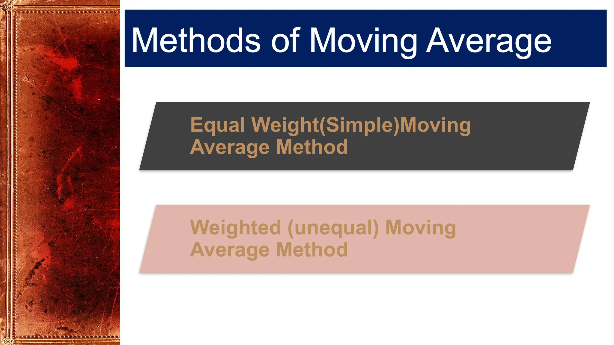 Methods of Moving Average
Equal Weight(Simple)Moving
Average Method
Weighted (unequal) Moving
Average Method
 