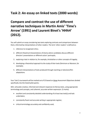 Task 2: An essay on linked texts (2000 words)
Compare and contrast the use of different
narrative techniques in Martin Amis' 'Time's
Arrow' (1991) and Laurent Binet's 'HHhH'
(2012).
You will submit an essay considering two texts exploring contrasts and comparisons between
them, informed by interpretations of other readers. The term ‘other readers’ is defined as:
1. reference to recognised critics;
2. different theatrical interpretations of drama where candidates discuss different
directors’ presentations or different actors’ portrayals;
3. exploring a text in relation to, for example, Aristotelian or other concepts of tragedy;
4. developing a theoretical approach to the study of their texts (feminism or Marxism, for
example);
5. different interpretations of texts produced through rewriting or television/film
adaptations.

Your Task 2 coursework will be marked out of 25 based on three Assessment Objectives divided
specifically into the listed bullet-points:
AO1: articulate creative, informed and relevant responses to literary texts, using appropriate
terminology and concepts, and coherent, accurate written expression. (5 marks)
•

excellent and consistently detailed understanding of at least two text(s) and task
undertaken;

•

consistently fluent and accurate writing in appropriate register;

•

critical terminology accurately and confidently used;

3

 