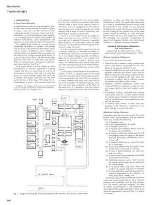 Residential
YOUTH HOSTELS
1. INTRODUCTION
A Youth Hostel Described
A youth hostel provides for young people on their
travels what a hotel provides for adults : a place
to sleep, wash, and eat. But whereas a hotel
segregates people-in private rooms and at pri-
vate tables-a youth hostel brings them together;
it is a meeting place at which young people of
different nationalities, social backgrounds and
opinions can meet and come to know each other.
The simplest youth hostel, in a country district
frequented by walkers or climbers, will provide
only the basic requirements of dormitories, wash-
rooms, sanitary installation, and a kitchen in
which travellers can prepare their own meals. On
the other hand, a large modern youth hostel, in
a city or main tourist center, will offer comfortable
bedrooms with four to eight beds, hot shower
baths, recreation rooms, a restaurant or cafeteria,
and other facilities . (See Fig. 1 .)
Each youth hostel is in the charge of adult
houseparents or 'wardens' (generally a married
couple) who have an educational as well as an
administrative function ; their task is to weld the
group of young strangers under their roof into
a friendly and happy community for the brief
period of two or three days. The charge for ac-
commodation is kept to the minimum consistent
SOURCE : The Design, Construction and Equipment
of Youth Hostels, International Youth Hostel Federation,
Welwyn Garden City, England, 1975 .
with adequate standards. For this reason simplic-
ity is the rule-there are no servants, and visitors
normally take a share of the domestic duties in
the hostel ; beds are equipped only with mattress
and blankets, each visitor bringing his own sheet
sleeping bag in place of sheets; furnishing is sim-
ple though it may be in good taste.
'Youth' is a word which cannot be rigidly de-
fined, and there are few countries in which a
strict age limit is applied. Preference is generally
given, however, to visitors aged under 25, while
10 years is considered the minimum age for inter-
national usage of hostels.
In order to exercise some control over the use
of hostels, admission is restricted to holders of
a membership card, but a card can be obtained
for a very modest charge (graded according to
age) and no discrimination is shown against any
applicant on grounds of religion, politics, race,
colour, etc. Membership cards issued in any coun-
try within the International Youth Hostel Federa-
tion are accepted at youth hostels in every other
country.
Consequently, hostels should have a certain uni-
formity, so that, in whatever part of the world
it may be, the youth hostel will provide accommo-
dation acceptable to all visitors. Thus for instance,
in Japan, western style beds and chairs are to
be found alongside the traditional pillows, cush-
ions, and beds placed directly on the floor. At
the same time, it is important that each country
preserve its individual customs and national char-
140
Fig. 1 Diagram showing the relationship between the elements of a modern youth hostel .
acteristics, as these are often the very things
which attract visitors. The youth hostel must never
be a form of standardized barracks which could
be produced in any country and be repeated
throughout the world. The converse in fact should
be the criteria : no two hostels even in the same
country should be identical, in order that each
hostel visited will be a new experience. Within
this principle, the practical arrangements of
spaces and hygiene facilities can, and should,
conform to a common minimum standard :
MINIMUM AND NORMAL STANDARDS
FOR YOUTH HOSTELS
(adopted at the 28th Conference of the
International Youth Hostel Federation, 1970)
Minimum Standards (Obligatory)
Every Youth Hostel must provide:
 Supervision by a warden or other suitable adult
person who shall be responsible for the well-
being of the person using the hostel .
. Separate dormitories for men and women, with
separate entrances (but family rooms may be
offered for parents with young children). Dormi-
tories must be equipped with beds, each with
a mattress, a pillow, and a sufficient number
of blankets according to the climate.
. Separate sanitary installations (toilets and
washing facilities) in adequate numbers for men
and women, kept in clean and hygienic condi-
tion .
. A members' kitchen, equipped with cooking
stoves, pots, pans, etc., or some simple facilities
for cooking meals. Facilities enabling the hostel
staff to provide meals at reasonable prices may
also be provided .
. A common room, terrace, or other place (de-
pending on the climate) in which guests can
meet and get to know each other.
Additional Facilities (Optional)
Dependent upon the size and function of a youth
hostel, other accommodation will be required
which may include the following:
(a) A baggage room
(b) Living accommodation for staff
(c) A lockable cycle store
(d) A heated and ventilated drying room for
the drying of wet clothing
(e) A kitchen in which the warden and/or staff
can prepare meals for supply to the hostel-
lers ; also food stores, and facilities for ca-
tering staff
(f) A separate small room (or rooms) for lead-
ers or instructors
(g) A sick room (alternatively the leader's room
can be used in the case of sickness)
(h) A room in which hostellers can wash, dry,
and iron clothes
(i) A room in which the warden (or hostel staff)
can launder hostel linen
(j) Additional common rooms which can also
be used as dining rooms and as classrooms
for school parties
(k) A reception office and stare where the
warden can receive and book in hostellers
(I) Accommodation for specialist equipment as
required depending on the location: ski
store, boat sheds, stables, etc.
In the early days of the youth hostel movement
many very simple hostels were set up in whatever
property was available, such as old cottages,
huts, old schools, and farm buildings. This type
of simple accommodation is still employed in
many parts of the world, especially in those areas
where the population is thin and there is a degree
of isolation.
 