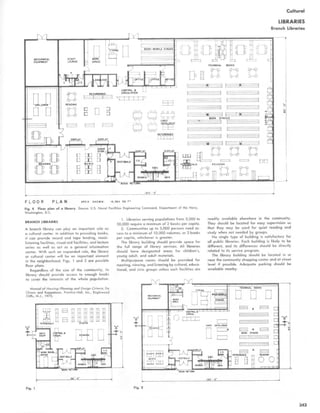 Fig. t Fig. 2
readily available elsewhere in the community.
They should be located for easy supervision so
that they may be used for quiet reading and
study when not needed by groups.
No single type of building is satisfactory for
all public libraries. Each building is likely to be
different, and its differences should be directly
related to its service program.
The library building should be located in or
near the community shopping center and at street
level if possible . Adequate parking should be
available nearby.
Fig. 4 Floor plan of a library. Source : U.S. Naval Facilities Engineering Command, Department of the Navy,
Washington, D.C.
BRANCH LIBRARIES
A branch library can play an important role as
a cultural center . In addition to providing books,
it can provide record and tape lending, music-
listening facilities, visual-aid facilities, and lecture
series as well as act as a general information
center. With such an expanded role, the library
or cultural center will be an important element
in the neighborhood. Figs . 1 and 2 are possible
floor plans.
Regardless of the size of the community, its
library should provide access to enough books
to cover the interests of the whole population .
Manual of Housing/Planning and Design Criteria, De
Chiaro and Koppelmon, Prentice-Hall, Inc., Englewood
Cliffs, N.J., 1975 .
1. Libraries serving populations from 5,000 to
50,000 require a minimum of 2 books per capita .
2. Communities up to 5,000 persons need ac-
cess to a minimum of 10,000 volumes, or 3 books
per capita, whichever is greater.
The library building should provide space for
the full range of library services . All libraries
should have designated areas for children's,
young adult, and adult materials.
Multipurpose rooms should be provided for
meeting, viewing, and listening by cultural, educa-
tional, and civic groups unless such facilities are
Cultural
LIBRARIES
Branch Libraries
 