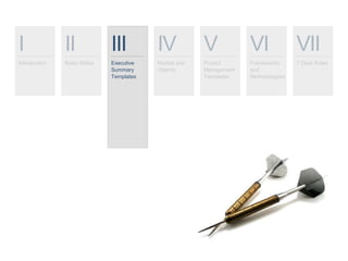I
Introduction
II
Basic Slides
III
Executive
Summary
Templates
IV
Models and
Objects
V
Project
Management
Templates
VI
Frameworks
and
Methodologies
VII
7 Deck Rules
 