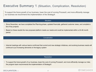 17
Executive Summary 1 (Situation, Complication, Resolution)
To support the future growth of our business, lower the cost of running ProcessX, and more efficiently manage
our business we recommend the implementation of the StrategyX
 Internal meetings with various teams confirmed that current and new strategic initiatives, and evolving business needs will
continue to put increasing demands on the legacy system
 To support the future growth of our business, lower the cost of running ProcessX, and more efficiently manage our risks
the program team recommends the implementation of StrategyX
 Since December, we have completed the Planning phase, updated financials, gathered customer views, and complied a
list of key projects
 Based on these results the new proposed platform meets our needs and could be implemented within a 24-46 month
period
Complication
Resolution
Situation
 