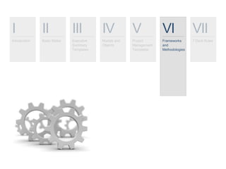 I
Introduction
II
Basic Slides
III
Executive
Summary
Templates
IV
Models and
Objects
V
Project
Management
Templates
VI
Frameworks
and
Methodologies
VII
7 Deck Rules
 