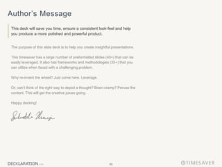 92
Author’s Message
This deck will save you time, ensure a consistent look-feel and help
you produce a more polished and powerful product.
The purpose of this slide deck is to help you create insightful presentations.
This timesaver has a large number of preformatted slides (40+) that can be
easily leveraged. It also has frameworks and methodologies (35+) that you
can utilize when faced with a challenging problem.
Why re-invent the wheel? Just come here. Leverage.
Or, can’t think of the right way to depict a thought? Brain-cramp? Peruse the
content. This will get the creative juices going.
Happy decking!
 