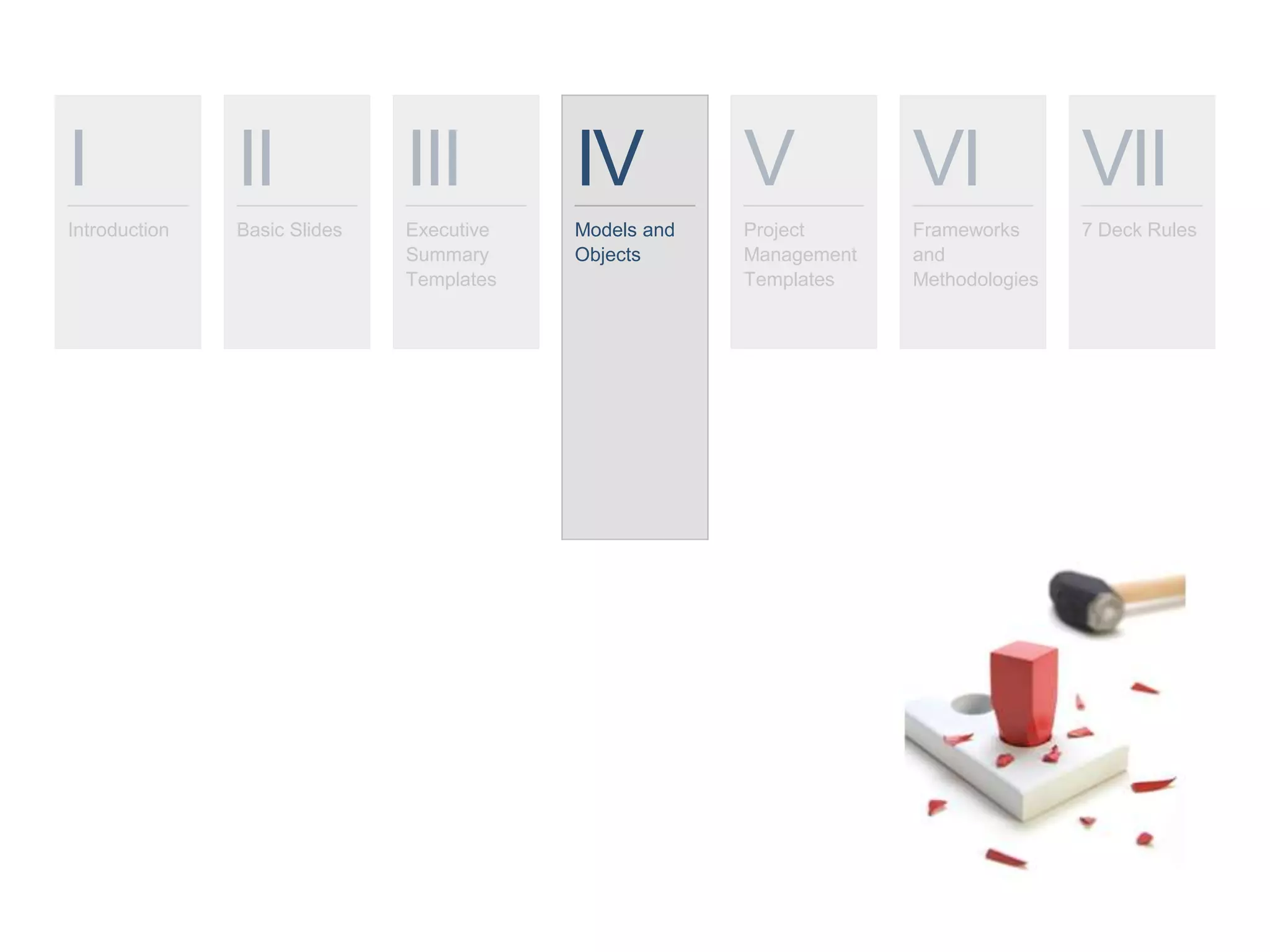 I
Introduction
II
Basic Slides
III
Executive
Summary
Templates
IV
Models and
Objects
V
Project
Management
Templates
VI
Frameworks
and
Methodologies
VII
7 Deck Rules
 