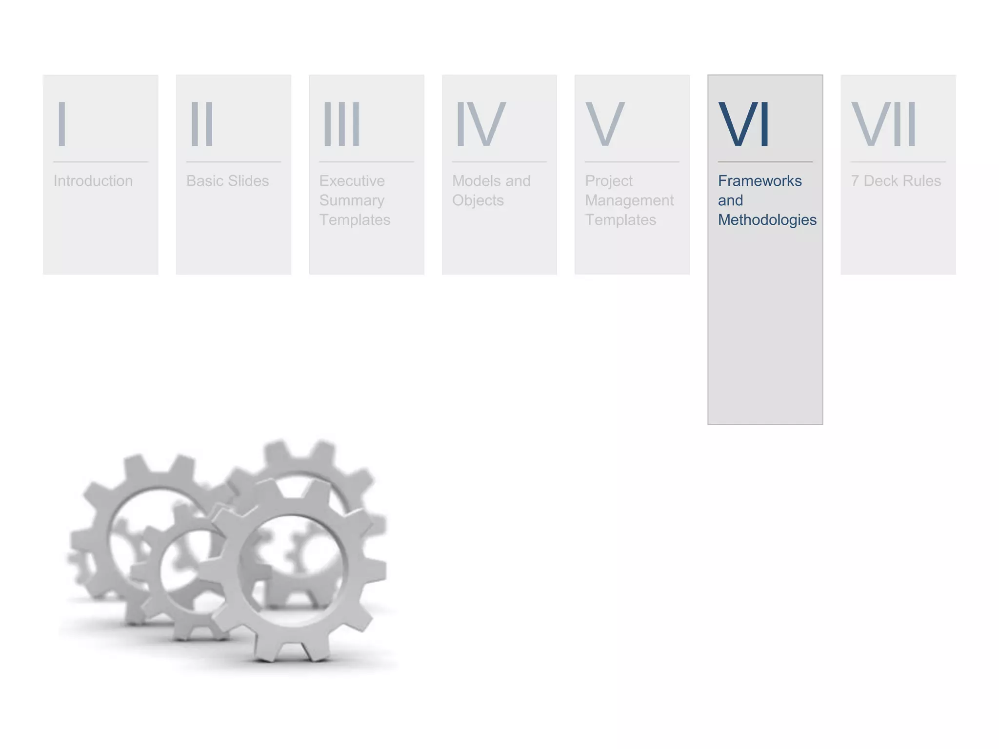 I
Introduction
II
Basic Slides
III
Executive
Summary
Templates
IV
Models and
Objects
V
Project
Management
Templates
VI
Frameworks
and
Methodologies
VII
7 Deck Rules
 