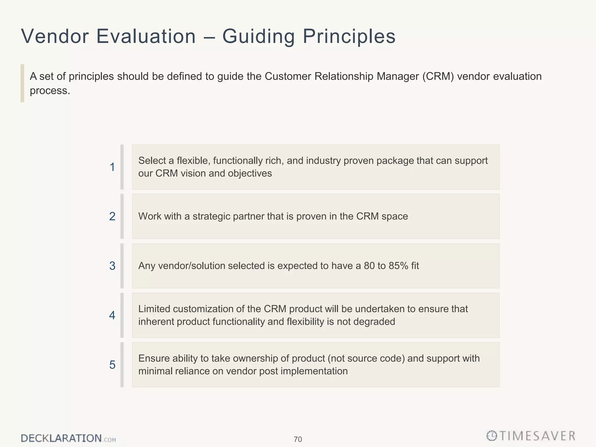 70
Vendor Evaluation – Guiding Principles
A set of principles should be defined to guide the Customer Relationship Manager (CRM) vendor evaluation
process.
Select a flexible, functionally rich, and industry proven package that can support
our CRM vision and objectives
Work with a strategic partner that is proven in the CRM space
Any vendor/solution selected is expected to have a 80 to 85% fit
Limited customization of the CRM product will be undertaken to ensure that
inherent product functionality and flexibility is not degraded
Ensure ability to take ownership of product (not source code) and support with
minimal reliance on vendor post implementation
1
3
5
2
4
 