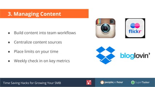 3. Managing Content
Time Saving Hacks for Growing Your SMB
● Build content into team workflows
● Centralize content source...