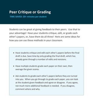 Peer Critique or Grading
TIME SAVED: 20+ minutes per student




Students can be great at giving feedback to their peers. Use that to
your advantage! Have your students critique, edit, or grade each
other’s papers, or, have them do all three! Here are some ideas for
how you can use these methods in your classroom.



    Have students critique and edit each other’s papers before the final
     draft is due. Save time by only grading the final draft, which has
     already gone through a number of edits and revisions.

    Have multiple students grade each paper on their own, then
     average the given scores.

    Ask students to grade each other’s papers before they are turned
     into you. When you go through to grade each paper, you can look
     at the student-given feedback and agree or disagree. If you agree,
     not much more additional feedback is needed. If you disagree,
     comment where and why.
 