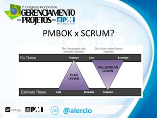Clique para editar o título mestre
PMBOK x SCRUM?
• Clique para editar o texto mestre
– Segundo nível
• Terceiro nível
– Quarto nível
» Quinto nível

@alercio

 