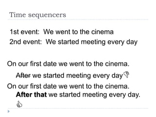 Time sequencers
1st event: We went to the cinema
2nd event: We started meeting every day

On our first date we went to the cinema.
After we started meeting every day
On our first date we went to the cinema.
After that we started meeting every day.



 