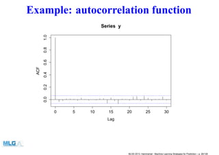 Example: autocorrelation function
0 5 10 15 20 25 30
0.00.20.40.60.81.0
Lag
ACF
Series y
MLSS 2013, Hammamet - Machine Learning Strategies for Prediction – p. 26/128
 