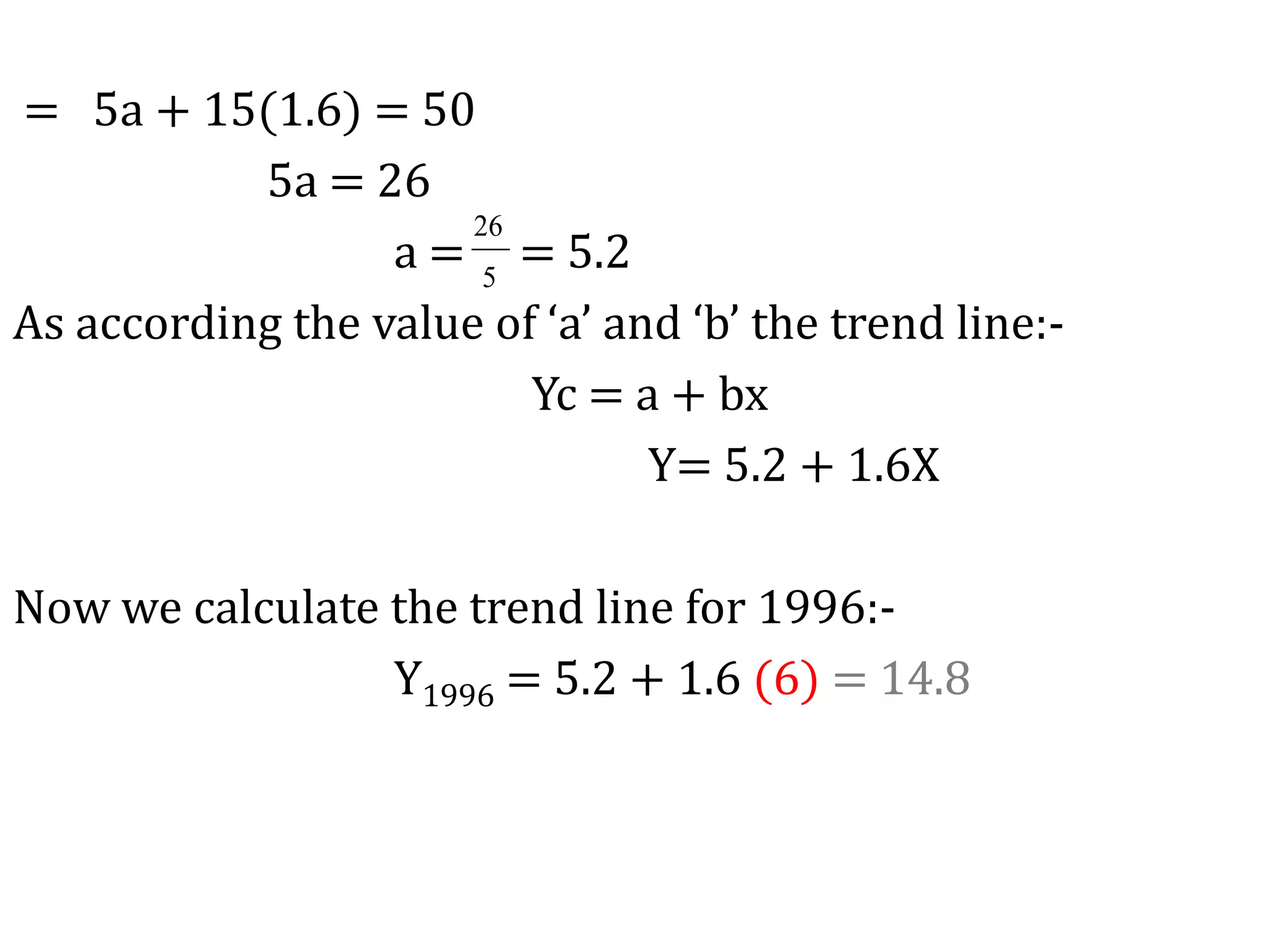 Moving Average Method:-It is one of the most popular method for calculating Long Term Trend. This method is also used for ‘Seasonal fluctuation’, ‘cyclical fluctuation’ & ‘irregular fluctuation’. In this method we calculate the ‘Moving Average for  certain years. For example: If we calculating ‘Three year’s Moving Average’ then according to this method: 		 =(1)+(2)+(3) ,     (2)+(3)+(4) ,     (3)+(4)+(5),   ……………..			    3		        3		             3Where (1),(2),(3),………. are the various years of time series. Example: Find out the five year’s moving Average: