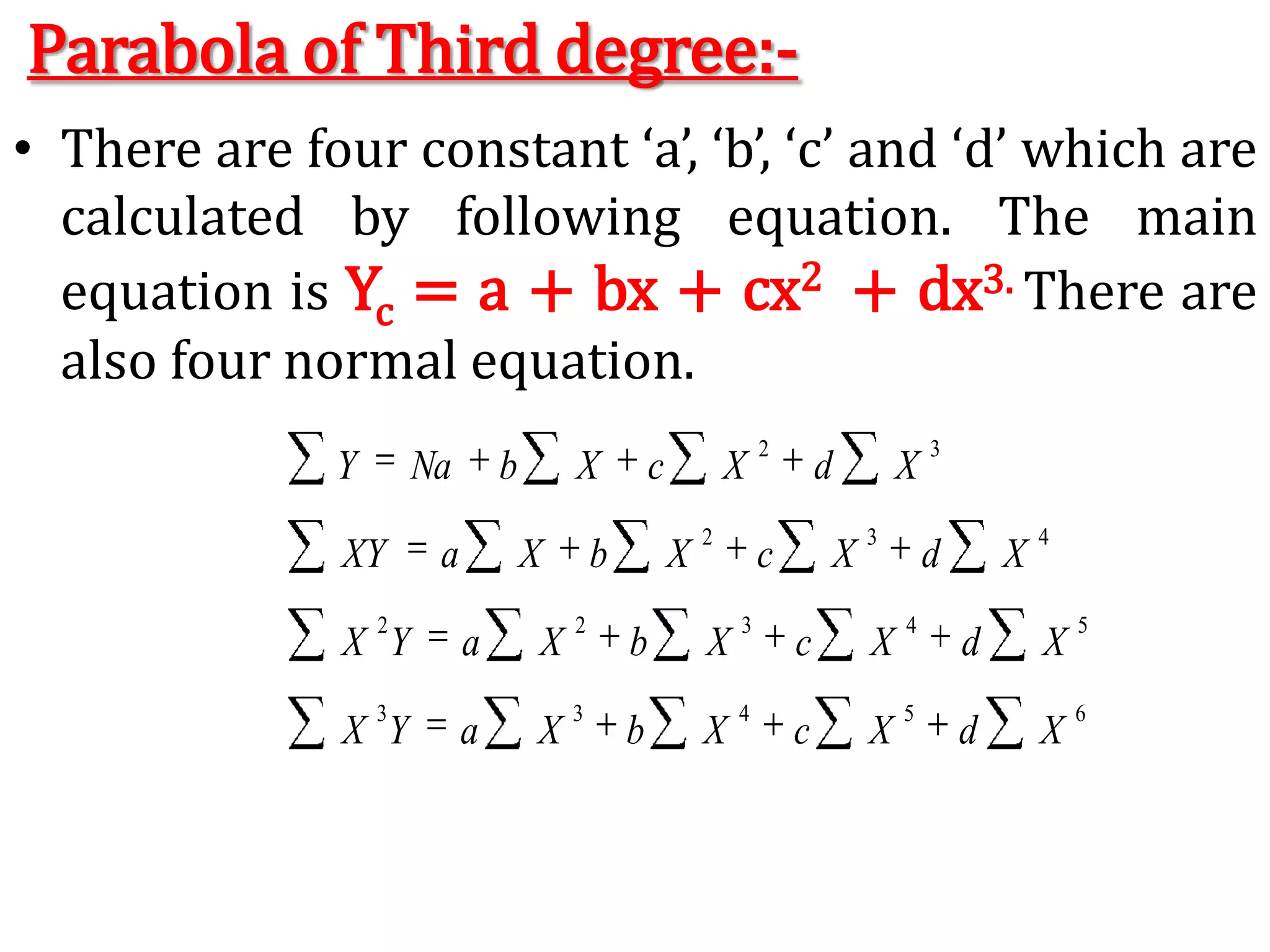 Shifting The Trend Origin:-In above Example the trend equation is: Y  = 5.2 + 1.6xHere the base year is 1993 that means actual base of these year will 1st July 1993. Now we change the base year in 1991. Now the base year is back 2 years unit than previous base year. Now we will reduce the twice of the value of the ‘b’ from the value of ‘a’. Then the new value of ‘a’ = 5.2 – 2(1.6)Now the trend equation on the basis of year 1991:Y = 2.0+ 1.6x 