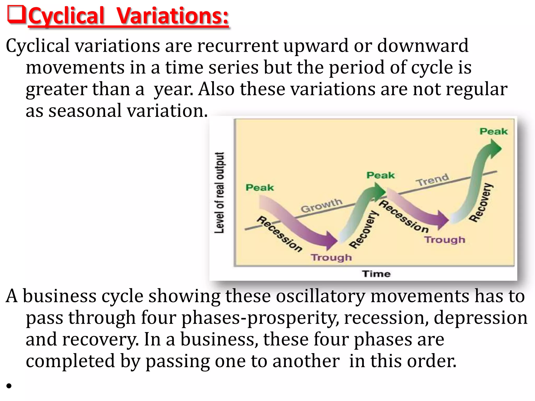   Irregular variation :-Secular trend: 				The increase or decrease in the movements of a time series is called Secular trend.  A time series data may show upward trend or downward trend for a period of years and this may be due to factors like: increase in population, 
