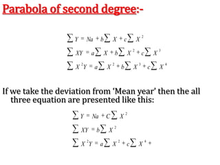 The Method of least square can be used either to fit a straight line trend or a parabolic trend.The straight line trend is represented by the equation:-= Yc = a + bxWhere,	Y = Trend value to be computed					 X = Unit of  time (Independent Variable)					 a = Constant to be Calculated					 b = Constant to be calculatedExample:-	Draw a straight line trend and estimate trend value for 1996: