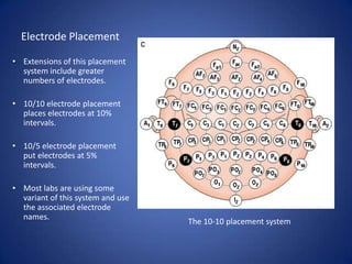 Electrode Placement

• Extensions of this placement
  system include greater
  numbers of electrodes.

• 10/10 electrode placement
  places electrodes at 10%
  intervals.

• 10/5 electrode placement
  put electrodes at 5%
  intervals.

• Most labs are using some
  variant of this system and use
  the associated electrode
  names.
                                   The 10-10 placement system
 