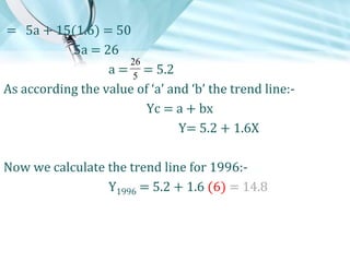 = 5a + 15(1.6) = 50
5a = 26
26
a = 5 = 5.2
As according the value of ‘a’ and ‘b’ the trend line:Yc = a + bx
Y= 5.2 + 1.6X
Now we calculate the trend line for 1996:Y1996 = 5.2 + 1.6 (6) = 14.8

 