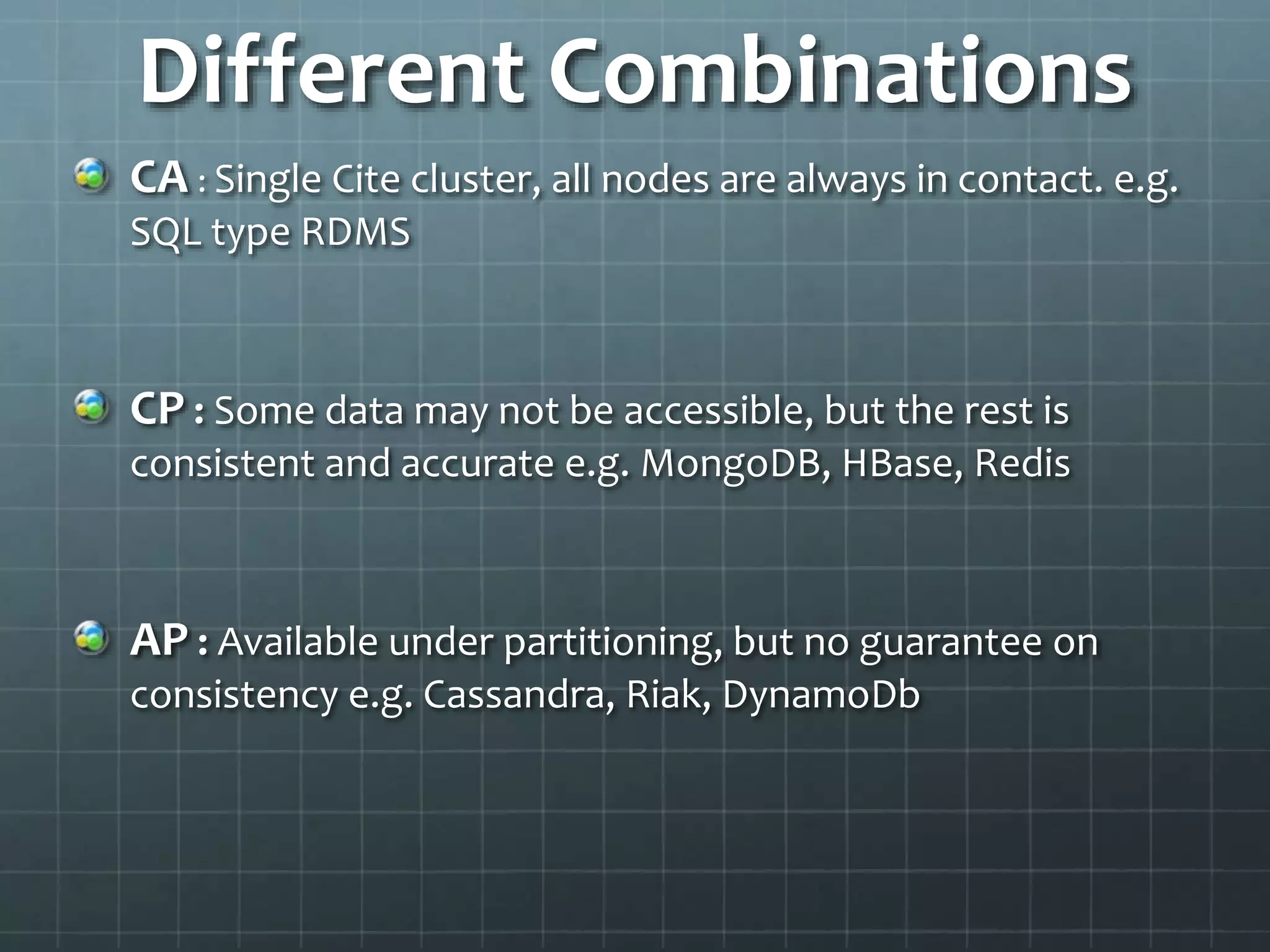 Different Combinations
CA : Single Cite cluster, all nodes are always in contact. e.g.
SQL type RDMS
CP : Some data may not be accessible, but the rest is
consistent and accurate e.g. MongoDB, HBase, Redis
AP : Available under partitioning, but no guarantee on
consistency e.g. Cassandra, Riak, DynamoDb
 