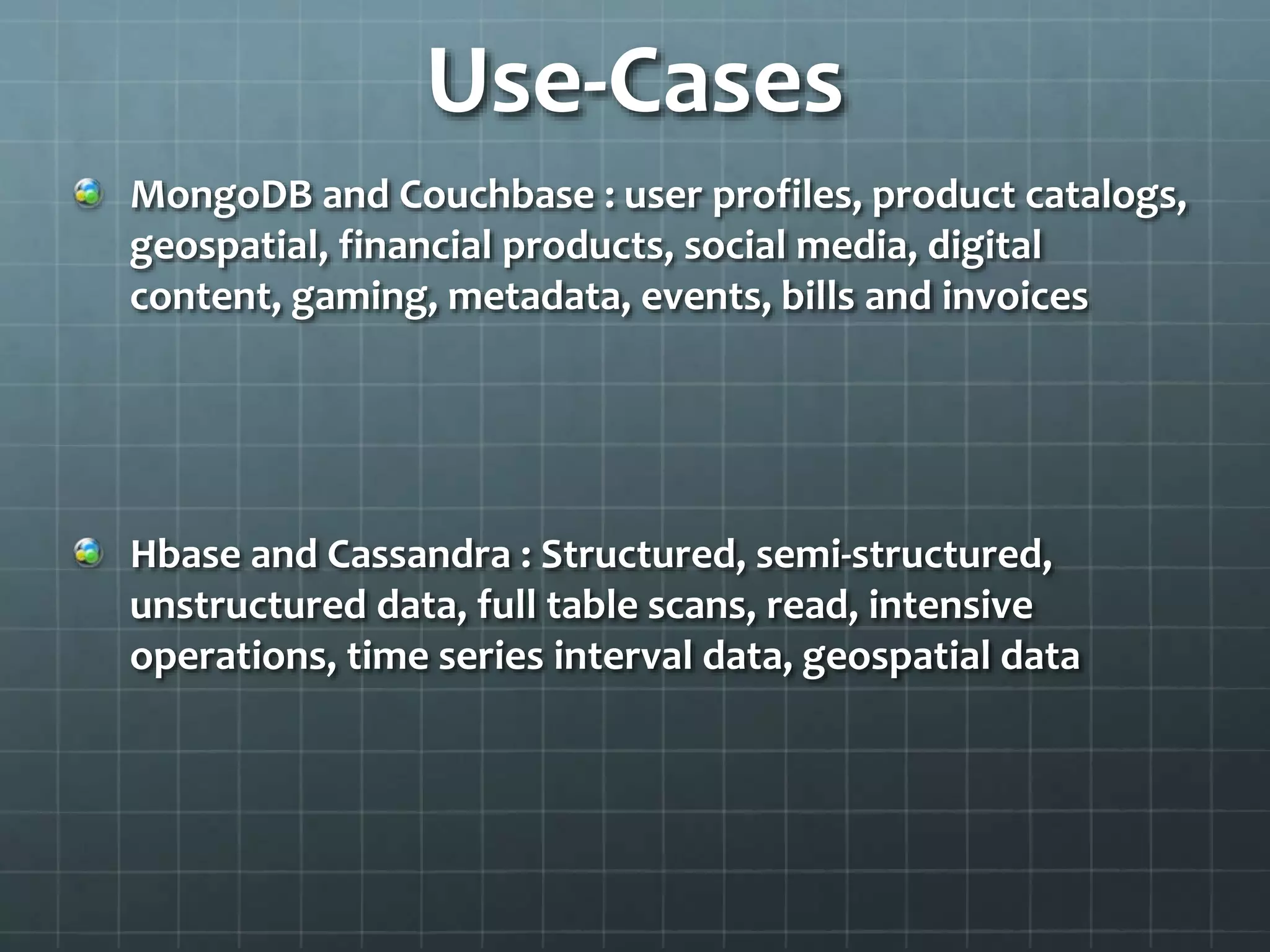 Use-Cases
MongoDB and Couchbase : user profiles, product catalogs,
geospatial, financial products, social media, digital
content, gaming, metadata, events, bills and invoices
Hbase and Cassandra : Structured, semi-structured,
unstructured data, full table scans, read, intensive
operations, time series interval data, geospatial data
 
