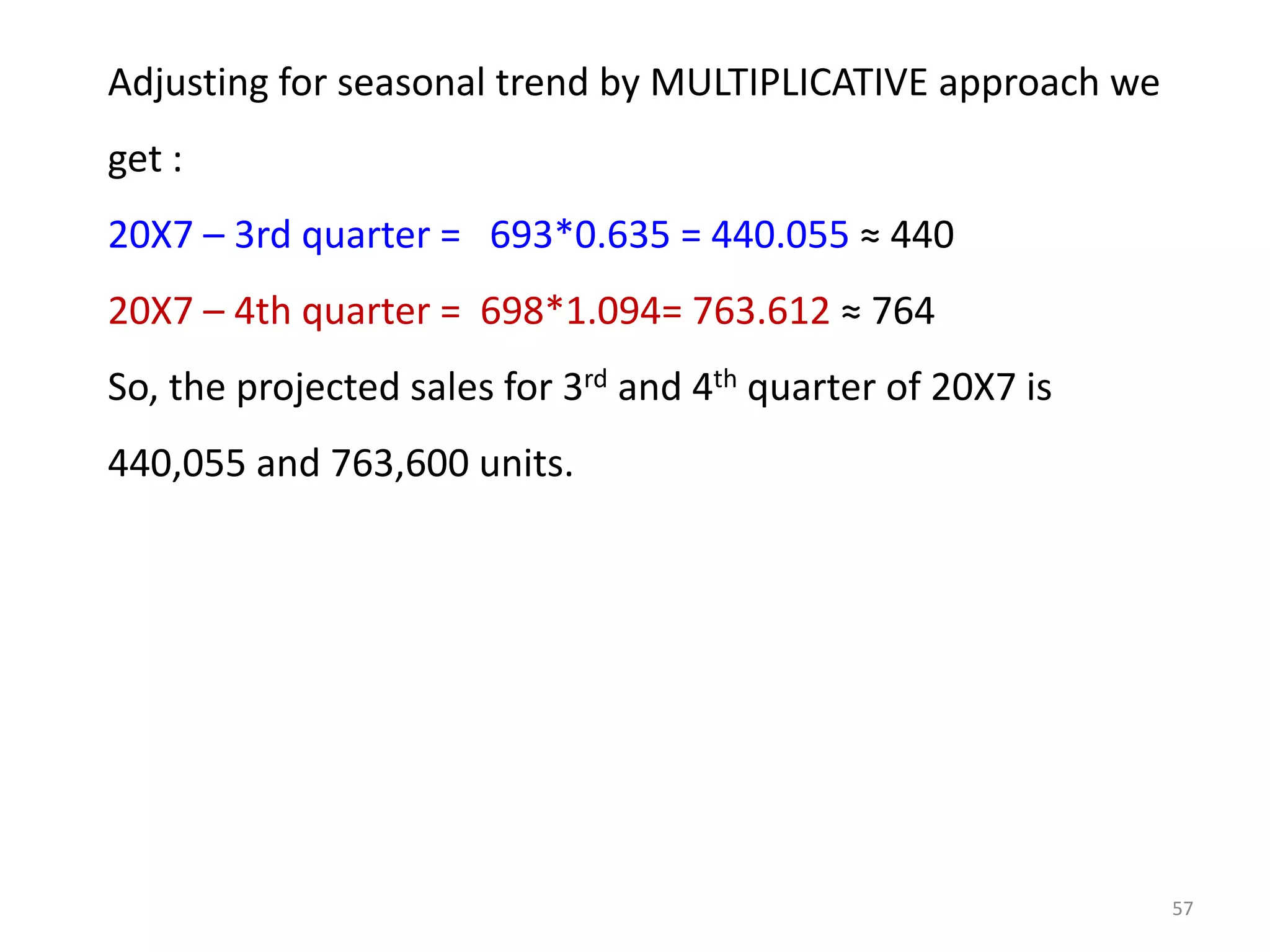 Adjusting for seasonal trend by MULTIPLICATIVE approach we
get :
20X7 – 3rd quarter = 693*0.635 = 440.055 ≈ 440
20X7 – 4th quarter = 698*1.094= 763.612 ≈ 764
So, the projected sales for 3rd and 4th quarter of 20X7 is
440,055 and 763,600 units.
57
 