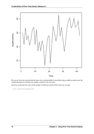 A Little Book of R For Time Series, Release 0.1
We can see from the time plot that this time series could probably be described using an additive model, since the
random ﬂuctuations in the data are roughly constant in size over time.
Likewise, to plot the time series of the number of births per month in New York city, we type:
> plot.ts(birthstimeseries)
16 Chapter 2. Using R for Time Series Analysis
 