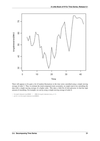 A Little Book of R For Time Series, Release 0.1
There still appears to be quite a lot of random ﬂuctuations in the time series smoothed using a simple moving
average of order 3. Thus, to estimate the trend component more accurately, we might want to try smoothing the
data with a simple moving average of a higher order. This takes a little bit of trial-and-error, to ﬁnd the right
amount of smoothing. For example, we can try using a simple moving average of order 8:
> kingstimeseriesSMA8 <- SMA(kingstimeseries,n=8)
> plot.ts(kingstimeseriesSMA8)
2.4. Decomposing Time Series 21
 