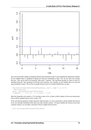 A Little Book of R For Time Series, Release 0.1
You can see from the sample correlogram that the autocorrelation at lag 3 is just touching the signiﬁcance bounds.
To test whether there is signiﬁcant evidence for non-zero correlations at lags 1-20, we can carry out a Ljung-
Box test. This can be done in R using the “Box.test()”, function. The maximum lag that we want to look at is
speciﬁed using the “lag” parameter in the Box.test() function. For example, to test whether there are non-zero
autocorrelations at lags 1-20, for the in-sample forecast errors for London rainfall data, we type:
> Box.test(rainseriesforecasts2$residuals, lag=20, type="Ljung-Box")
Box-Ljung test
data: rainseriesforecasts2$residuals
X-squared = 17.4008, df = 20, p-value = 0.6268
Here the Ljung-Box test statistic is 17.4, and the p-value is 0.6, so there is little evidence of non-zero autocorrela-
tions in the in-sample forecast errors at lags 1-20.
To be sure that the predictive model cannot be improved upon, it is also a good idea to check whether the forecast
errors are normally distributed with mean zero and constant variance. To check whether the forecast errors have
constant variance, we can make a time plot of the in-sample forecast errors:
> plot.ts(rainseriesforecasts2$residuals)
2.5. Forecasts using Exponential Smoothing 31
 