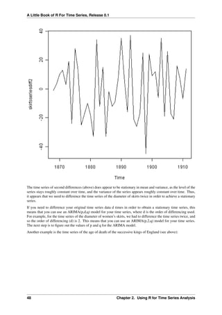 A Little Book of R For Time Series, Release 0.1
The time series of second differences (above) does appear to be stationary in mean and variance, as the level of the
series stays roughly constant over time, and the variance of the series appears roughly constant over time. Thus,
it appears that we need to difference the time series of the diameter of skirts twice in order to achieve a stationary
series.
If you need to difference your original time series data d times in order to obtain a stationary time series, this
means that you can use an ARIMA(p,d,q) model for your time series, where d is the order of differencing used.
For example, for the time series of the diameter of women’s skirts, we had to difference the time series twice, and
so the order of differencing (d) is 2. This means that you can use an ARIMA(p,2,q) model for your time series.
The next step is to ﬁgure out the values of p and q for the ARIMA model.
Another example is the time series of the age of death of the successive kings of England (see above):
48 Chapter 2. Using R for Time Series Analysis
 