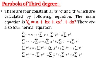 Parabola of Third degree:-
• There are four constant ‘a’, ‘b’, ‘c’ and ‘d’ which are
calculated by following equation. The main
equation is Yc = a + bx + cx2 + dx3. There are
also four normal equation.
6
5
4
3
3
5
4
3
2
2
4
3
2
3
2
X
d
X
c
X
b
X
a
Y
X
X
d
X
c
X
b
X
a
Y
X
X
d
X
c
X
b
X
a
XY
X
d
X
c
X
b
Na
Y
 