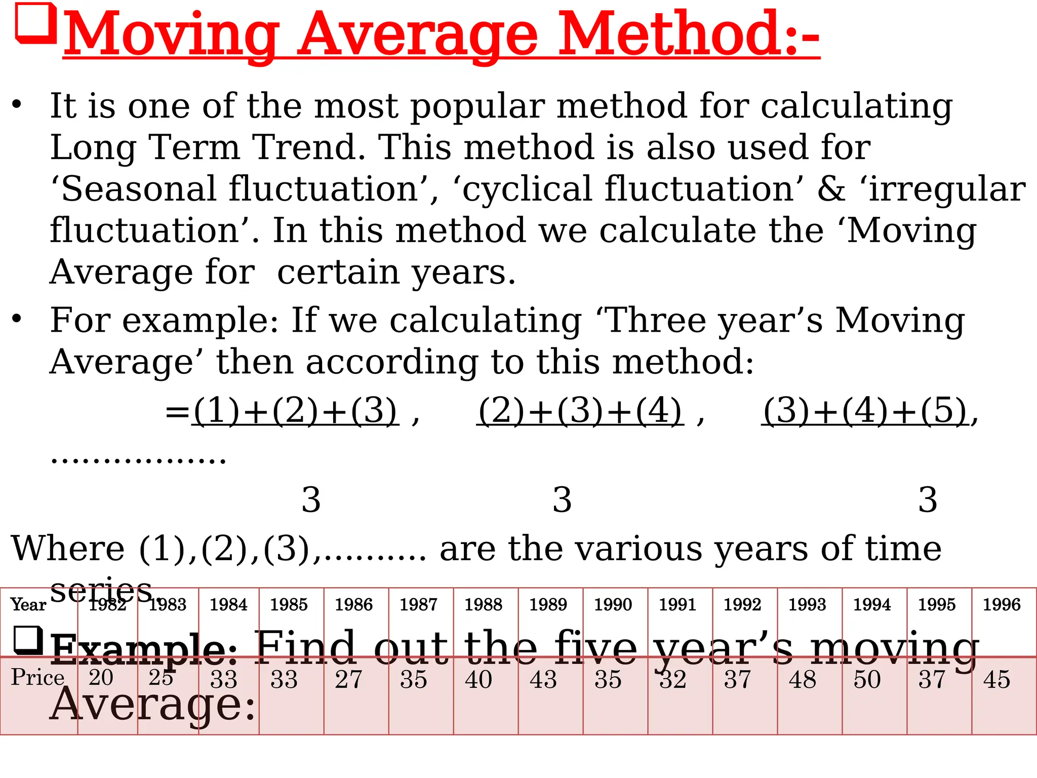 Moving Average Method:-
• It is one of the most popular method for calculating
Long Term Trend. This method is also used for
‘Seasonal fluctuation’, ‘cyclical fluctuation’ & ‘irregular
fluctuation’. In this method we calculate the ‘Moving
Average for certain years.
• For example: If we calculating ‘Three year’s Moving
Average’ then according to this method:
=(1)+(2)+(3) , (2)+(3)+(4) , (3)+(4)+(5),
……………..
3 3 3
Where (1),(2),(3),………. are the various years of time
series.
Example: Find out the five year’s moving
Average:
Year 1982 1983 1984 1985 1986 1987 1988 1989 1990 1991 1992 1993 1994 1995 1996
Price 20 25 33 33 27 35 40 43 35 32 37 48 50 37 45
 