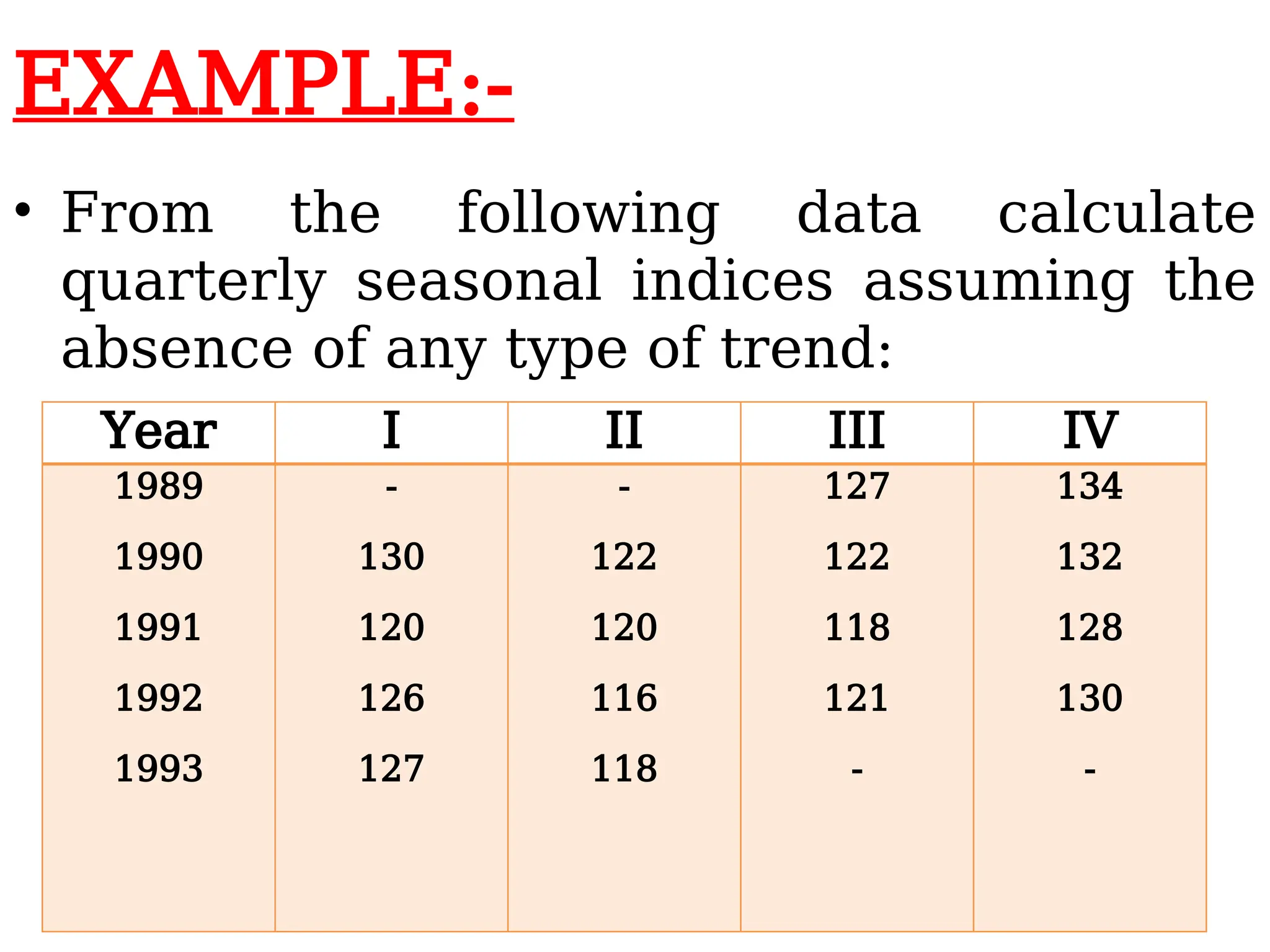 EXAMPLE:-
• From the following data calculate
quarterly seasonal indices assuming the
absence of any type of trend:
Year I II III IV
1989
1990
1991
1992
1993
-
130
120
126
127
-
122
120
116
118
127
122
118
121
-
134
132
128
130
-
 