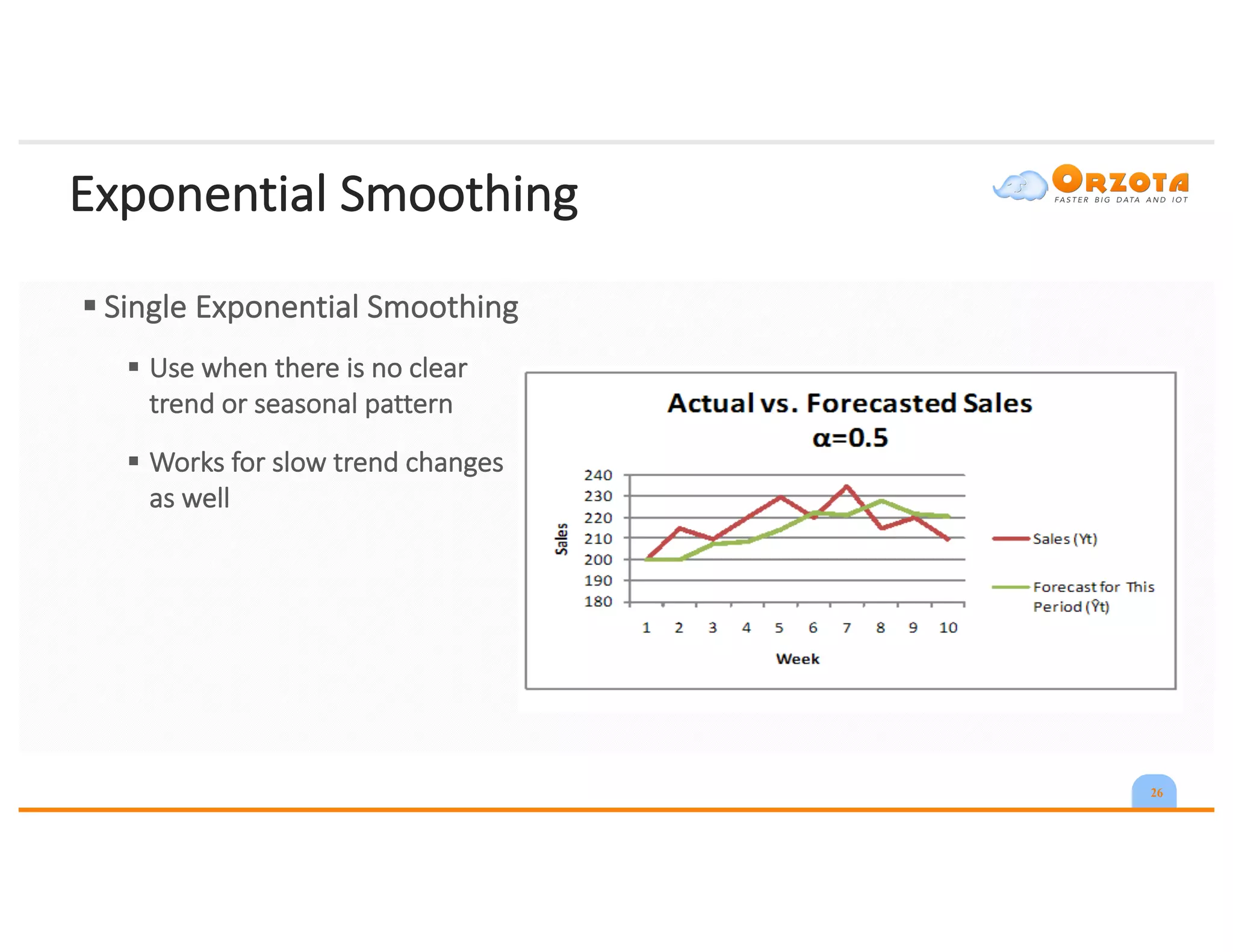 Exponential	Smoothing
§ Single	Exponential	Smoothing
§ Use	when	there	is	no	clear	
trend	or	seasonal	pattern
§ Works	for	slow	trend	changes	
as	well
26
 
