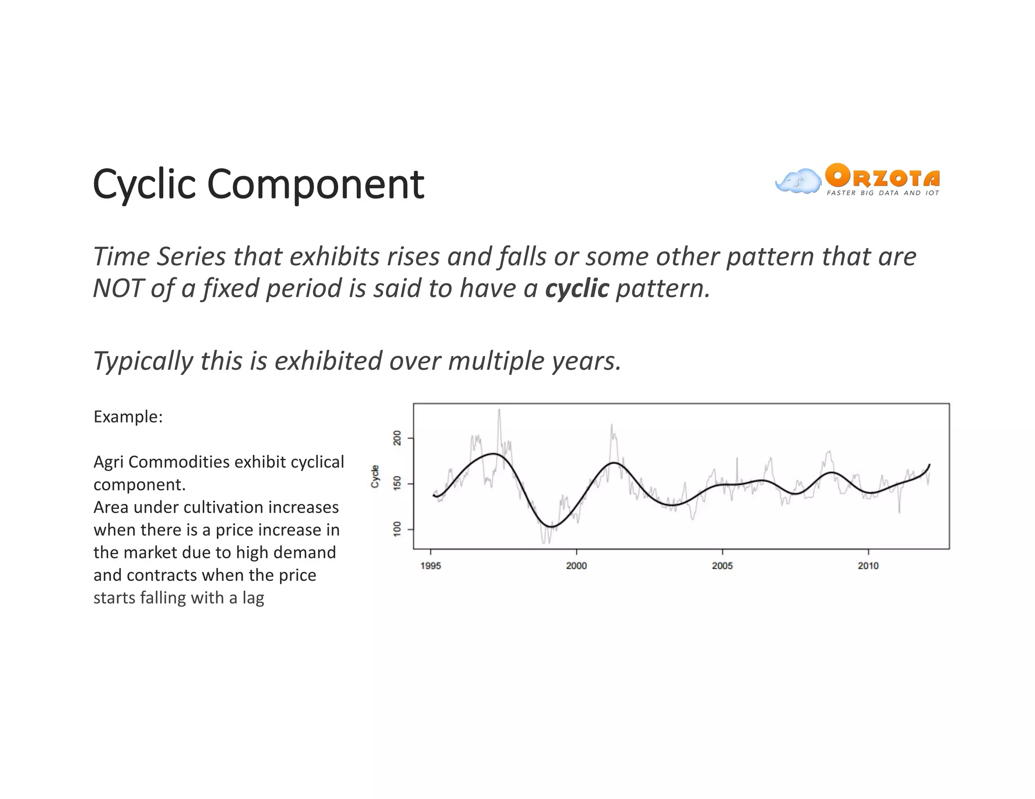 Cyclic	Component
Time	Series	that	exhibits	rises	and	falls	or	some	other	pattern	that	are	
NOT	of	a	fixed	period	is	said	to	have	a	cyclic pattern.	
Typically	this	is	exhibited	over	multiple	years.
Example:
Agri Commodities	exhibit	cyclical	
component.	
Area	under	cultivation	increases	
when	there	is	a	price	increase	in	
the	market	due	to	high	demand	
and	contracts	when	the	price
starts	falling	with	a	lag
 