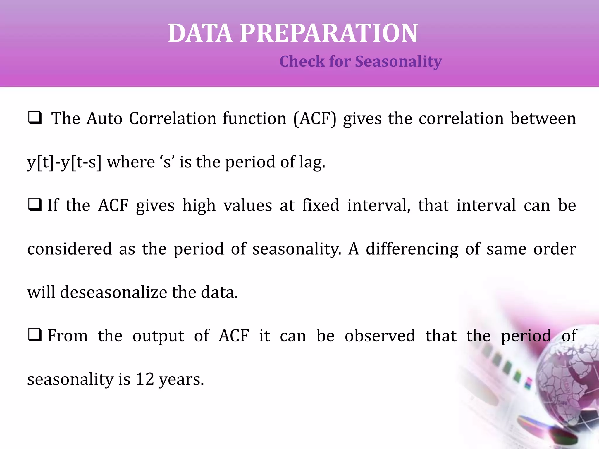 DATA PREPARATION
Check for Seasonality
 The Auto Correlation function (ACF) gives the correlation between
y[t]-y[t-s] where ‘s’ is the period of lag.
 If the ACF gives high values at fixed interval, that interval can be
considered as the period of seasonality. A differencing of same order
will deseasonalize the data.
 From the output of ACF it can be observed that the period of
seasonality is 12 years.
 