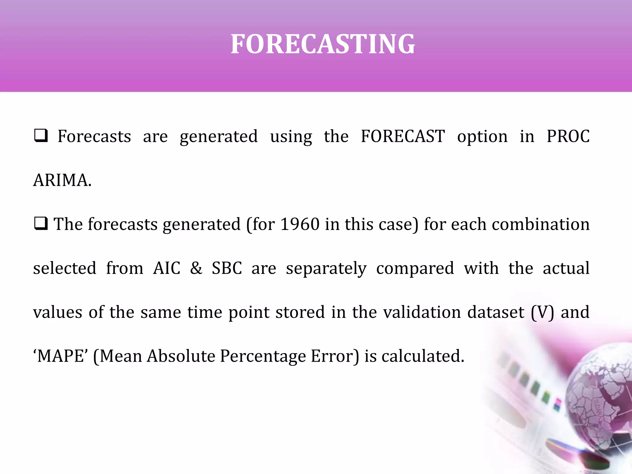FORECASTING
 Forecasts are generated using the FORECAST option in PROC
ARIMA.
 The forecasts generated (for 1960 in this case) for each combination
selected from AIC & SBC are separately compared with the actual
values of the same time point stored in the validation dataset (V) and
‘MAPE’ (Mean Absolute Percentage Error) is calculated.
 