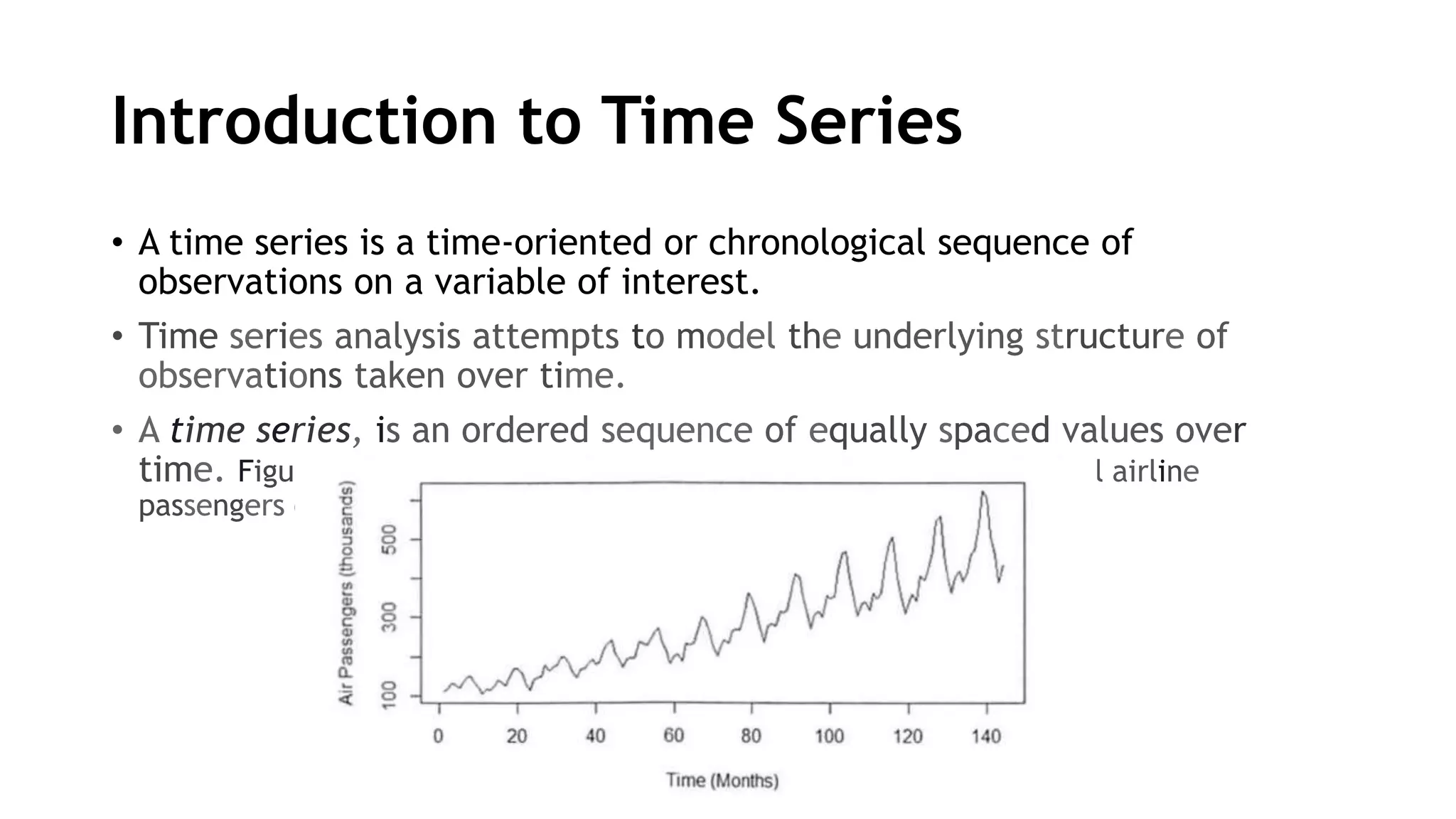 Introduction to Time Series
• A time series is a time-oriented or chronological sequence of
observations on a variable of interest.
• Time series analysis attempts to model the underlying structure of
observations taken over time.
• A time series, is an ordered sequence of equally spaced values over
time. Figure 1 provides a plot of the monthly number of international airline
passengers over a 12-year period.
 