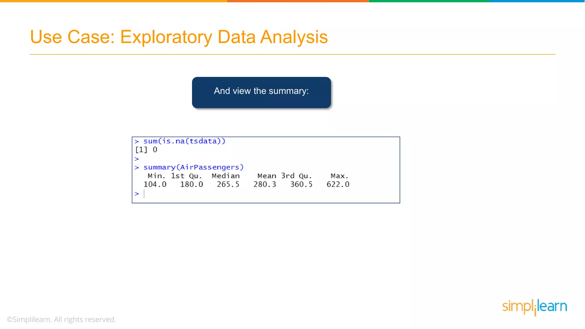 Use Case: Exploratory Data Analysis
And view the summary:
 