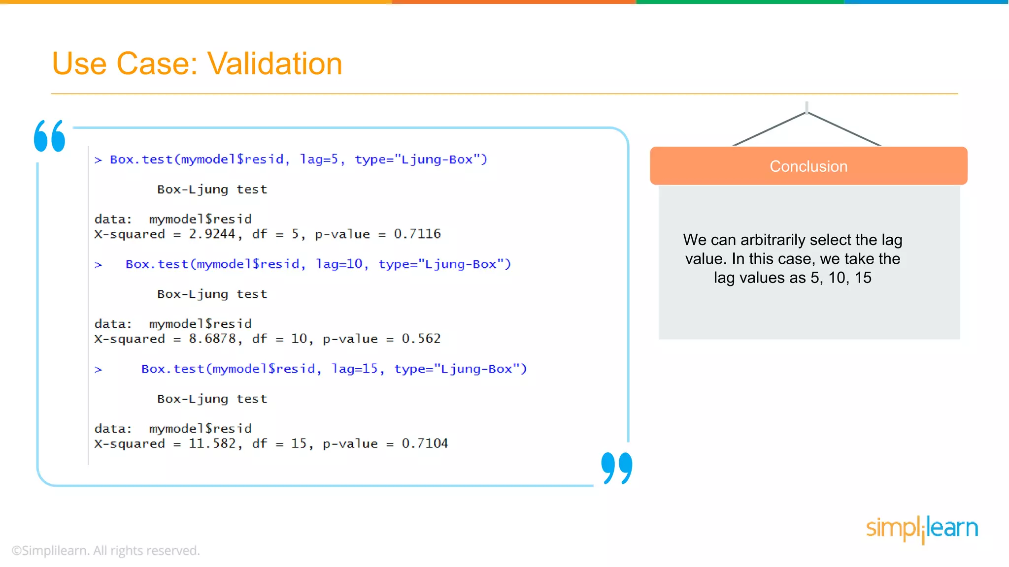 Use Case: Validation
Conclusion
We can arbitrarily select the lag
value. In this case, we take the
lag values as 5, 10, 15
 